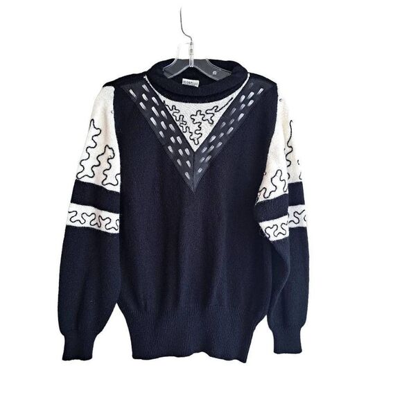 Women's Long Sleeve Cuffed Hem Colorblock Geo Pattern Black/White Sweater Size L - Picture 1 of 10